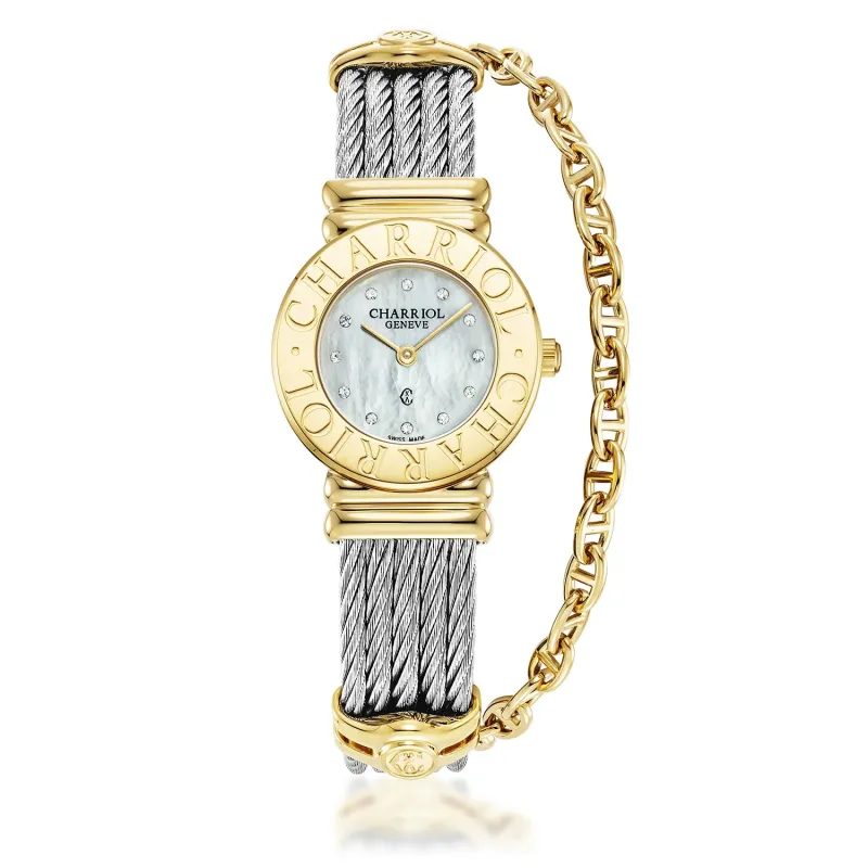 ST TROPEZ® ICON, 24.5MM, QUARTZ CALIBRE, WHITE MOTHER-OF-PEARL WITH 12 CZ STONES DIAL, STEEL YELLOW GOLD PVD "CHARRIOL CHARRIOL" BEZEL, STEEL CABLE BRACELET & YELLOW GOLD PVD DECORS sold by Charriol