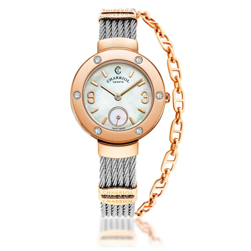 ST-TROPEZ®, 30MM, QUARTZ CALIBRE, MOTHER-OF-PEARL DIAL, STEEL ROSE GOLD PVD WITH 6 DIAMONDS BEZEL, STEEL CABLE BRACELET & ROSE GOLD PVD DECORS sold by Charriol