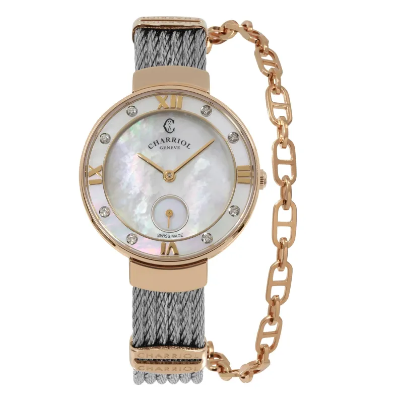 ST TROPEZ®, 30MM, QUARTZ CALIBRE, WHITE MOTHER-OF-PEARL DIAL, WHITE MOTHER-OF-PEARL WITH 8 DIAMONDS BEZEL, STEEL CABLE BRACELET & ROSE GOLD PVD DECORS sold by Charriol