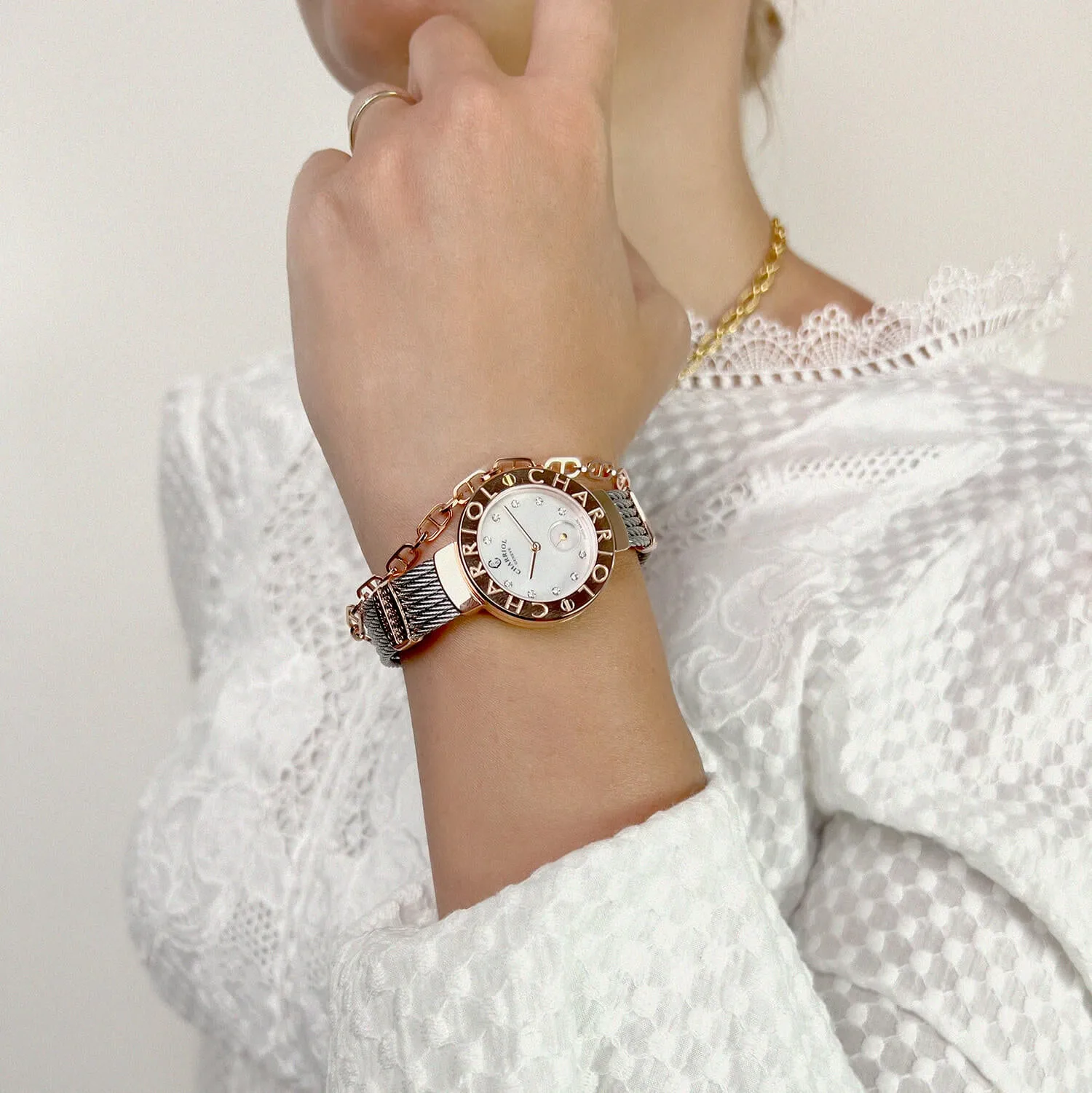 ST TROPEZ®, 30MM, QUARTZ CALIBRE, MOTHER-OF-PEARL WITH 10 DIAMONDS DIAL, "CHARRIOL CHARRIOL" BEZEL, STEEL CABLE BRACELET & ROSE GOLD PVD DECORS sold by Charriol product image thumbnail 4