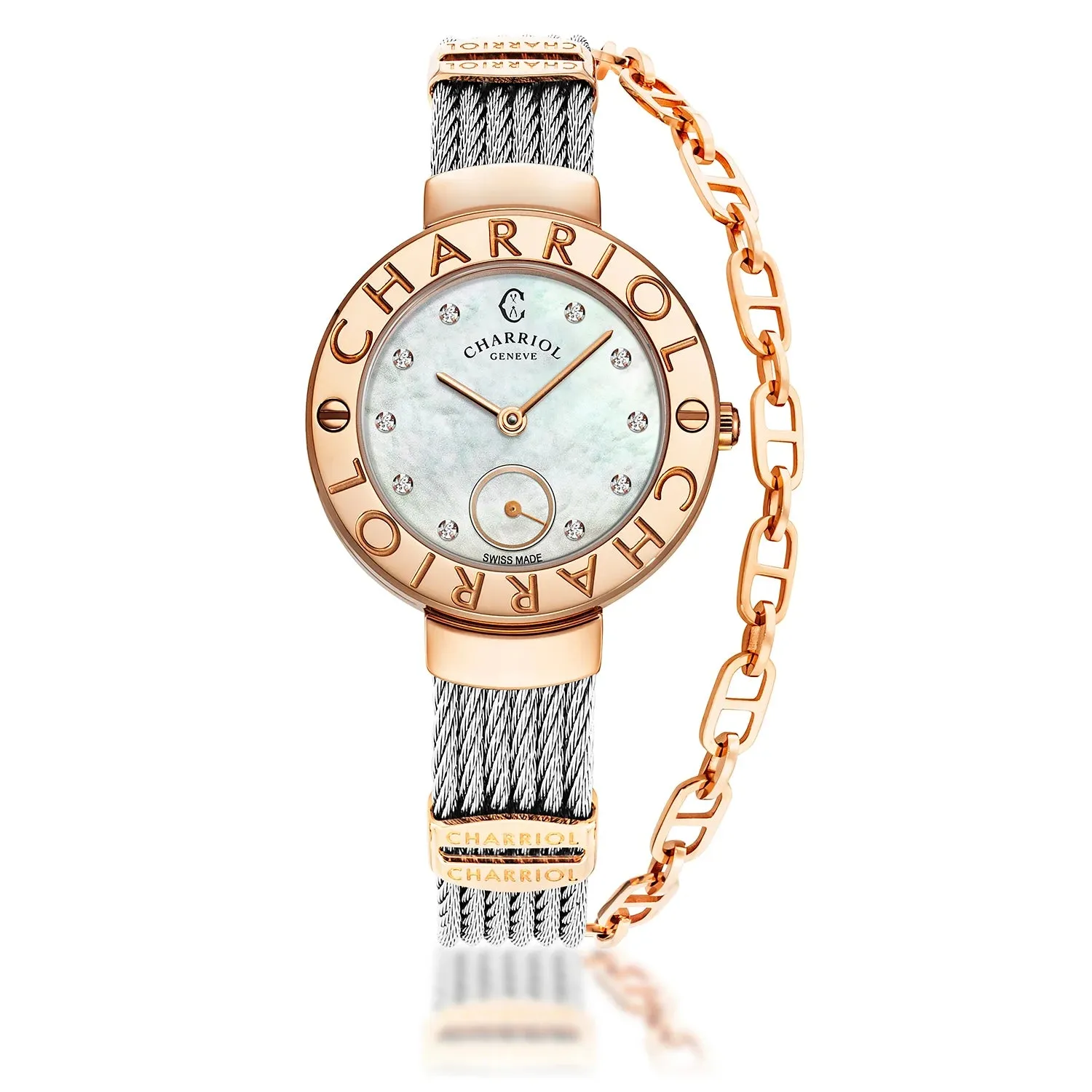 ST TROPEZ®, 30MM, QUARTZ CALIBRE, MOTHER-OF-PEARL WITH 10 DIAMONDS DIAL, "CHARRIOL CHARRIOL" BEZEL, STEEL CABLE BRACELET & ROSE GOLD PVD DECORS sold by Charriol