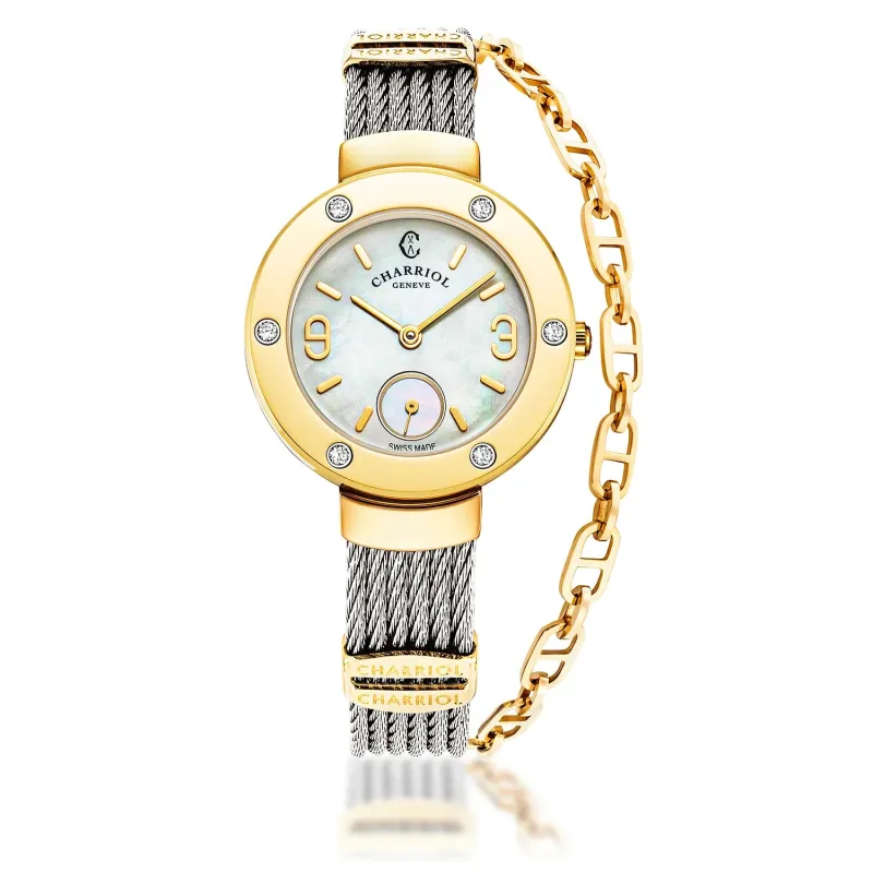 ST TROPEZ®, 30MM, QUARTZ CALIBRE, MOTHER-OF-PEARL DIAL, YELLOW GOLD PVD WITH 6 DIAMONDS BEZEL, STEEL CABLE BRACELET & YELLOW GOLD PVD DECORS sold by Charriol