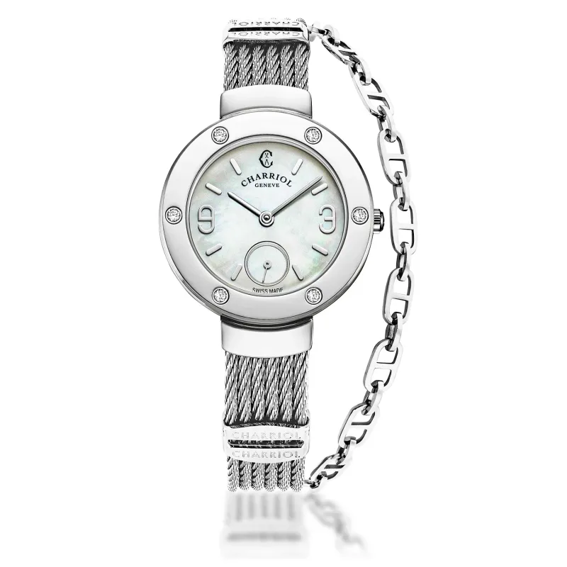 ST TROPEZ®, 30MM, QUARTZ CALIBRE, MOTHER-OF-PEARL DIAL, STEEL WITH 6 DIAMONDS BEZEL, STEEL CABLE BRACELET 
& STEEL DECORS sold by Charriol