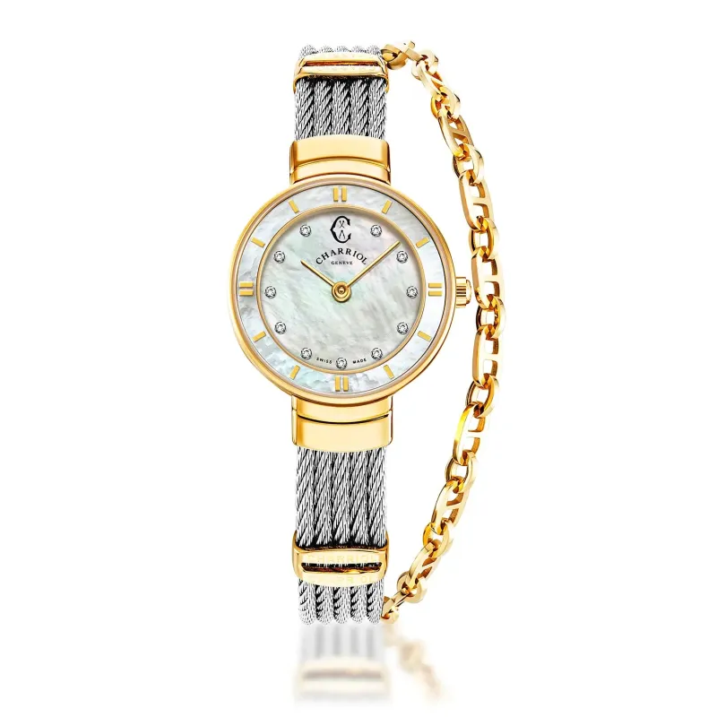 ST TROPEZ®, 25MM, QUARTZ CALIBRE, MOTHER-OF-PEARL WITH 11 DIAMONDS DIAL, YELLOW GOLD PVD BEZEL, STEEL CABLE BRACELET & YELLOW GOLD PVD DECORS sold by Charriol