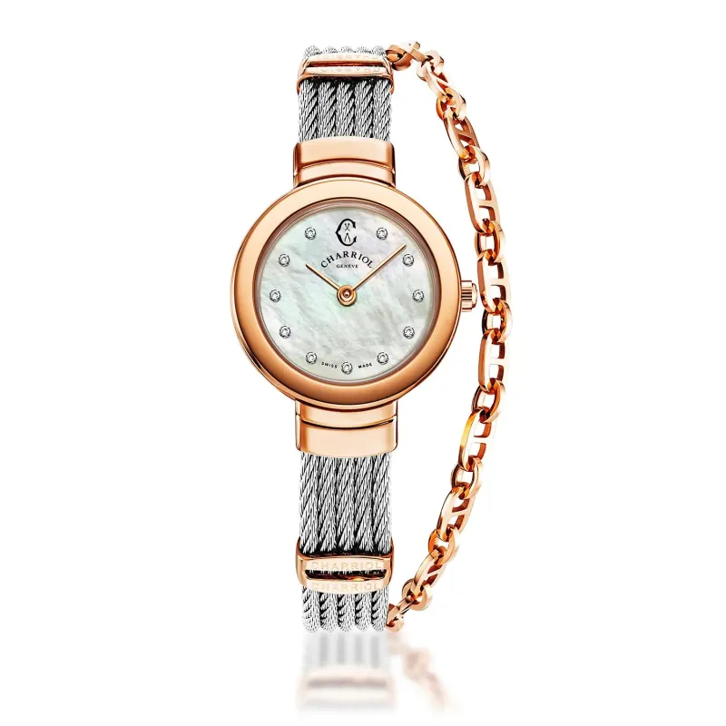 ST TROPEZ®, 25MM, QUARTZ CALIBRE, MOTHER-OF-PEARL WITH 11 DIAMONDS DIAL, ROSE GOLD PVD BEZEL, STEEL CABLE BRACELET & ROSE GOLD PVD DECORS sold by Charriol