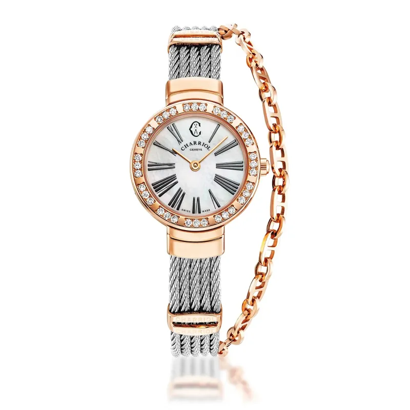 ST TROPEZ®, 25MM, QUARTZ CALIBRE, MOTHER-OF-PEARL DIAL, ROSE GOLD PVD WITH 36 DIAMONDS BEZEL, STEEL CABLE BRACELET sold by Charriol