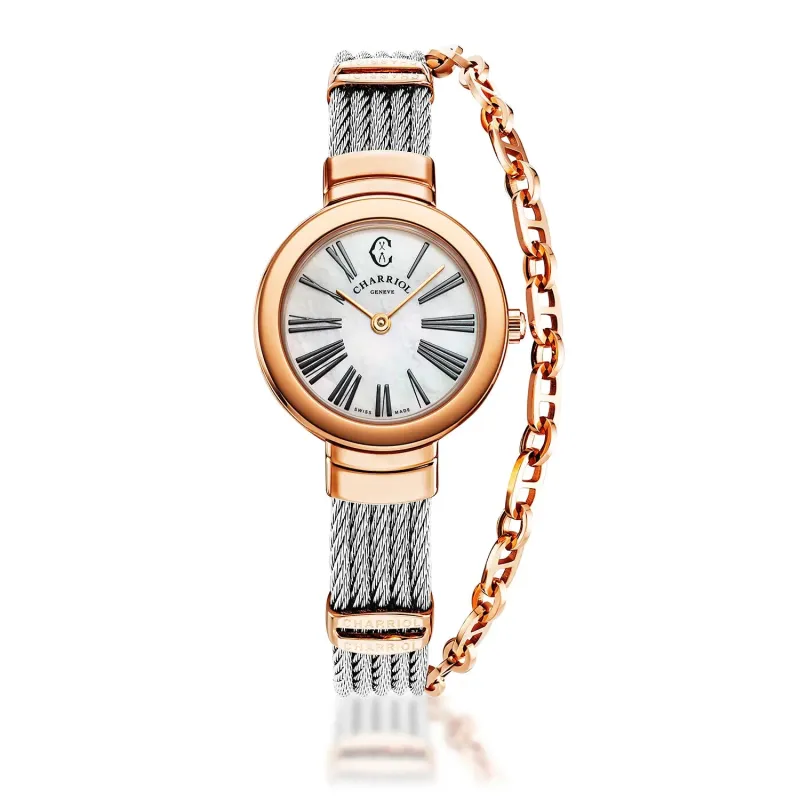ST TROPEZ®, 25MM, QUARTZ CALIBRE, MOTHER-OF-PEARL  WITH ROMAN DIAL, ROSE GOLD PVD BEZEL, STEEL CABLE BRACELET & ROSE GOLD PVD DECORS sold by Charriol