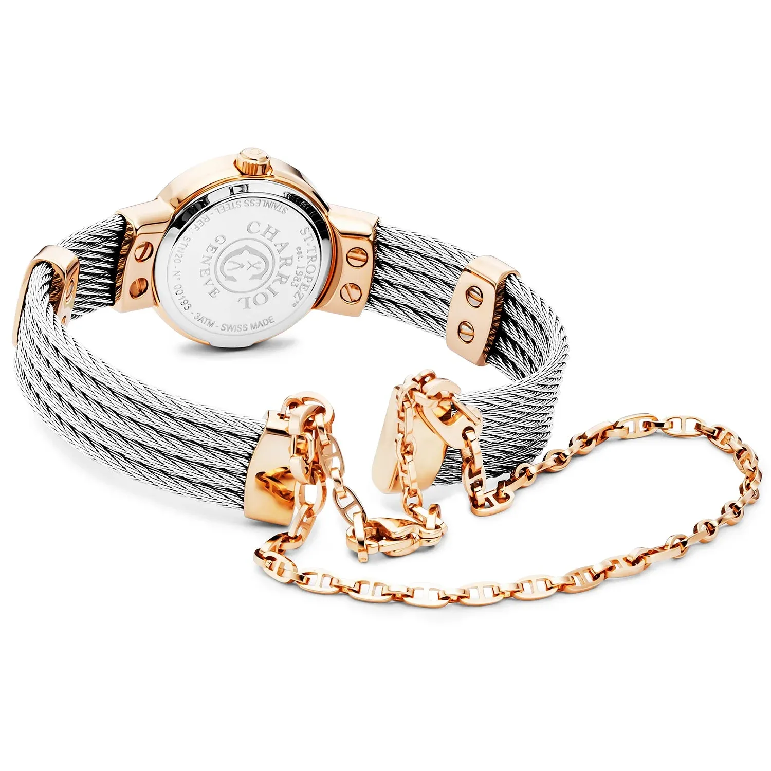 ST TROPEZ®, 20MM, QUARTZ CALIBRE, MOTHER-OF-PEARL WITH 11 DIAMONDS DIAL, STEEL ROSE GOLD PVD BEZEL, STEEL CABLE BRACELET sold by Charriol product image thumbnail 2