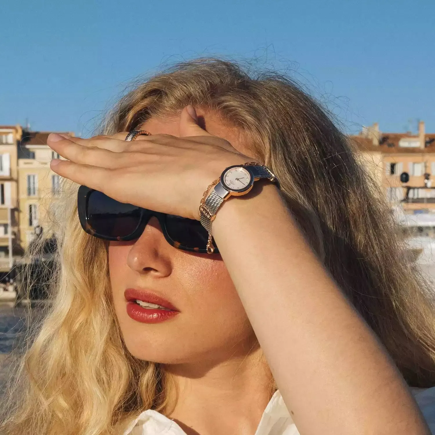 ST TROPEZ®, 20MM, QUARTZ CALIBRE, MOTHER-OF-PEARL WITH 11 DIAMONDS DIAL, STEEL ROSE GOLD PVD BEZEL, STEEL CABLE BRACELET sold by Charriol product image thumbnail 4