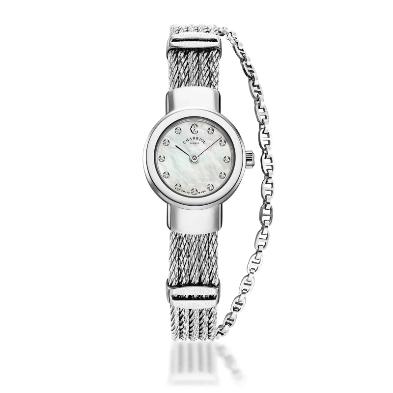 ST TROPEZ®, 20MM, QUARTZ CALIBRE, MOTHER-OF-PEARL WITH 11 DIAMONDS DIAL, STEEL BEZEL, STEEL CABLE BRACELET made by Charriol