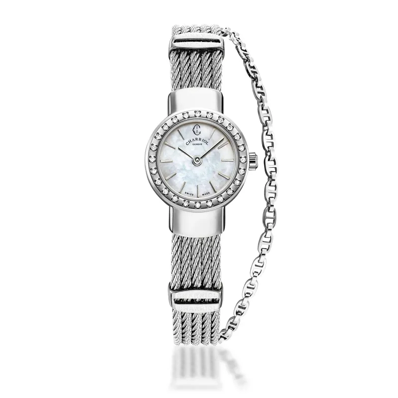 ST TROPEZ®, 20MM, QUARTZ CALIBRE, MOTHER-OF-PEARL DIAL, STEEL WITH 24 DIAMONDS BEZEL, STEEL CABLE BRACELET sold by Charriol