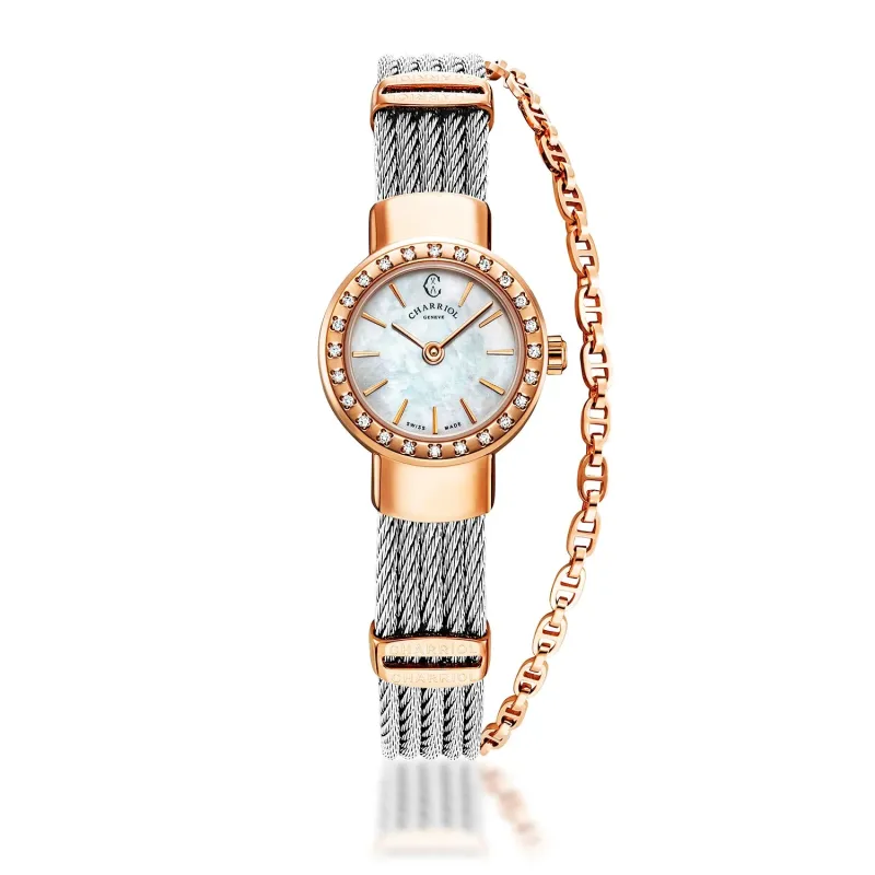 ST TROPEZ®, 20MM, QUARTZ CALIBRE, MOTHER-OF-PEARL DIAL, STEEL ROSE GOLD PVD WITH 24 DIAMONDS BEZEL, STEEL CABLE BRACELET sold by Charriol