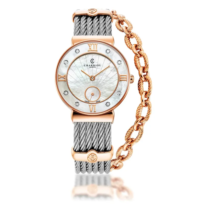 ST TROPEZ® ICON, 30MM, QUARTZ CALIBRE, MOTHER-OF-PEARL SUNBURST DIAL, MOTHER-OF-PEARL WITH 8 DIAMONDS BEZEL, STEEL CABLE BRACELET & ROSE GOLD PVD DECORS made by Charriol