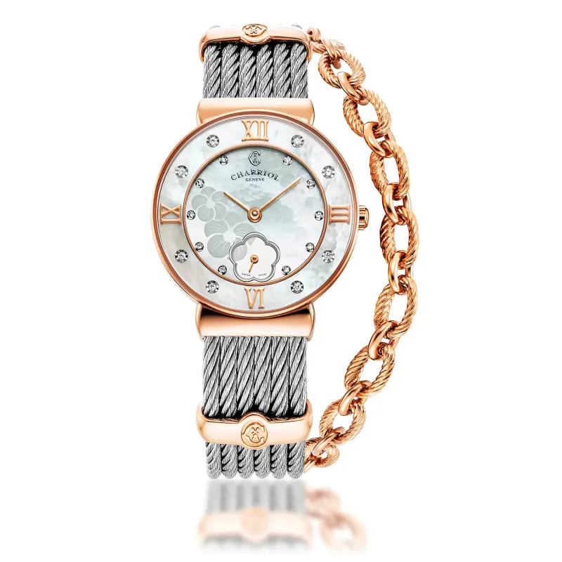 ST TROPEZ® ICON, 30MM, QUARTZ CALIBRE, MOTHER-OF-PEARL HIBISCUS DIAL, MOTHER-OF-PEARL WITH 8 DIAMONDS BEZEL, STEEL CABLE BRACELET & ROSE GOLD PVD DECORS sold by Charriol