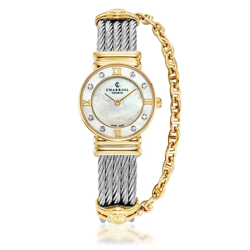 ST TROPEZ® ICON, 24.5MM, QUARTZ CALIBRE, WHITE MOTHER-OF-PEARL DIAL, WHITE MOTHER-OF-PEARL WITH 8 DIAMONDS BEZEL, STEEL CABLE BRACELET & YELLOW GOLD PVD DECORS made by Charriol