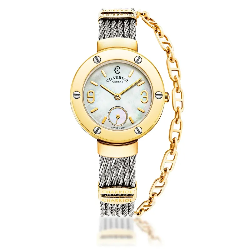ST TROPEZ®, 30MM, QUARTZ CALIBRE, MOTHER-OF-PEARL DIAL, YELLOW GOLD PVD WITH 6 SCREWS BEZEL, STEEL CABLE BRACELET & YELLOW GOLD PVD DECORS made by Charriol