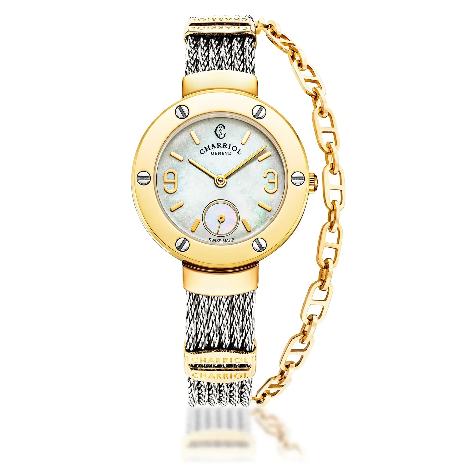 ST TROPEZ®, 30MM, QUARTZ CALIBRE, MOTHER-OF-PEARL DIAL, YELLOW GOLD PVD WITH 6 SCREWS BEZEL, STEEL CABLE BRACELET & YELLOW GOLD PVD DECORS sold by Charriol