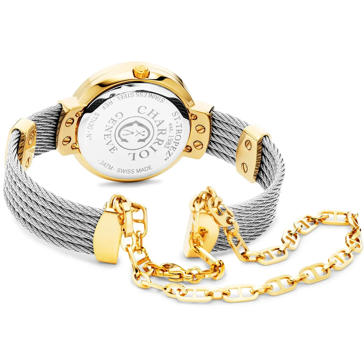 ST TROPEZ®, 30MM, QUARTZ CALIBRE, MOTHER-OF-PEARL DIAL, YELLOW GOLD PVD WITH 6 SCREWS BEZEL, STEEL CABLE BRACELET & YELLOW GOLD PVD DECORS sold by Charriol product image thumbnail 3