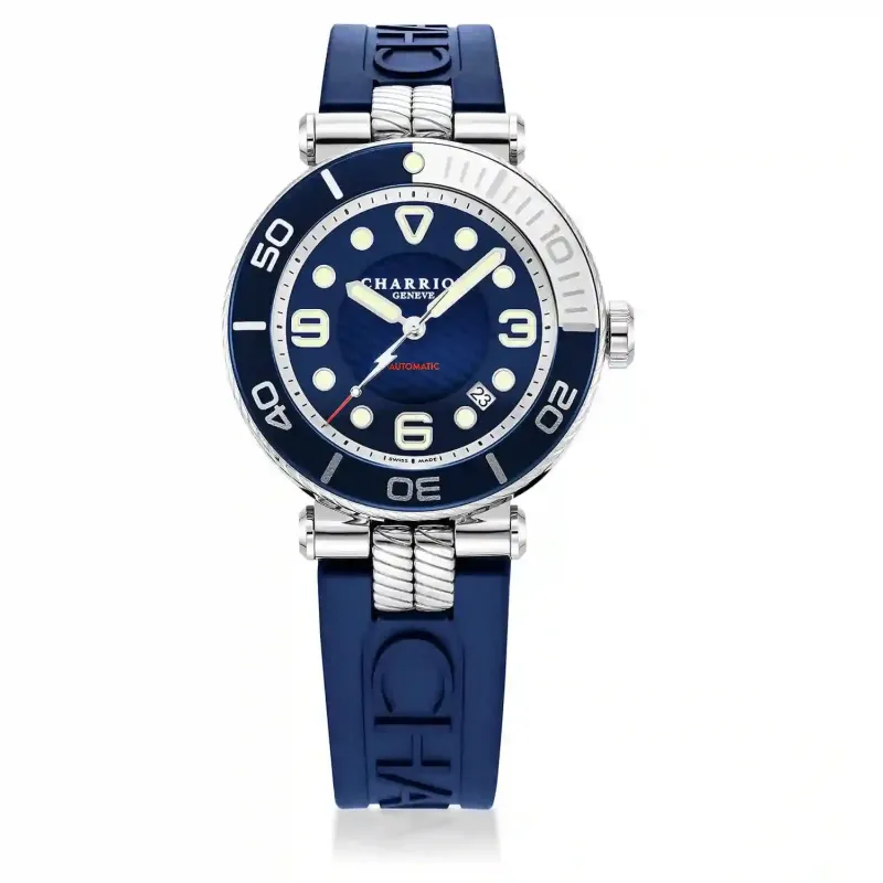 NAVIGATOR SURF, 41MM, AUTOMATIC CALIBRE, BLACK LUMINOVA DIAL, BLUE AND SILVER BEZEL, BLUE RUBBER INTERCHANGEABLE BRACELET sold by Charriol