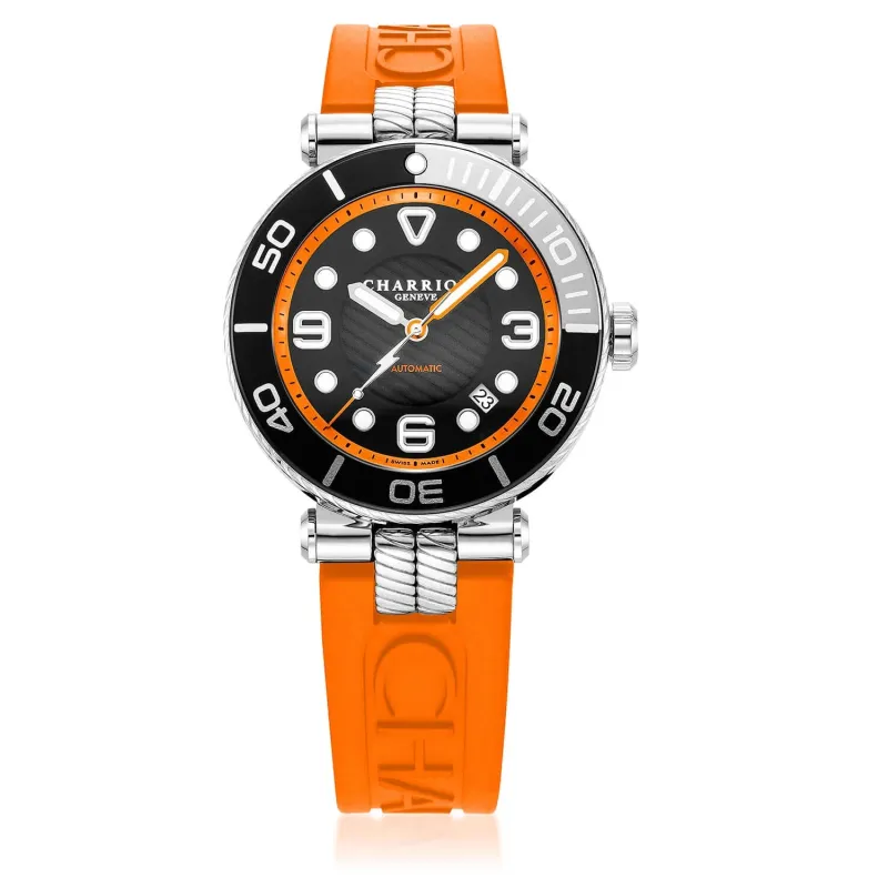NAVIGATOR SURF, 41MM, AUTOMATIC CALIBRE, BLACK LUMINOVA DIAL, BLACK AND SILVER BEZEL, ORANGE RUBBER INTERCHANGEABLE BRACELET sold by Charriol
