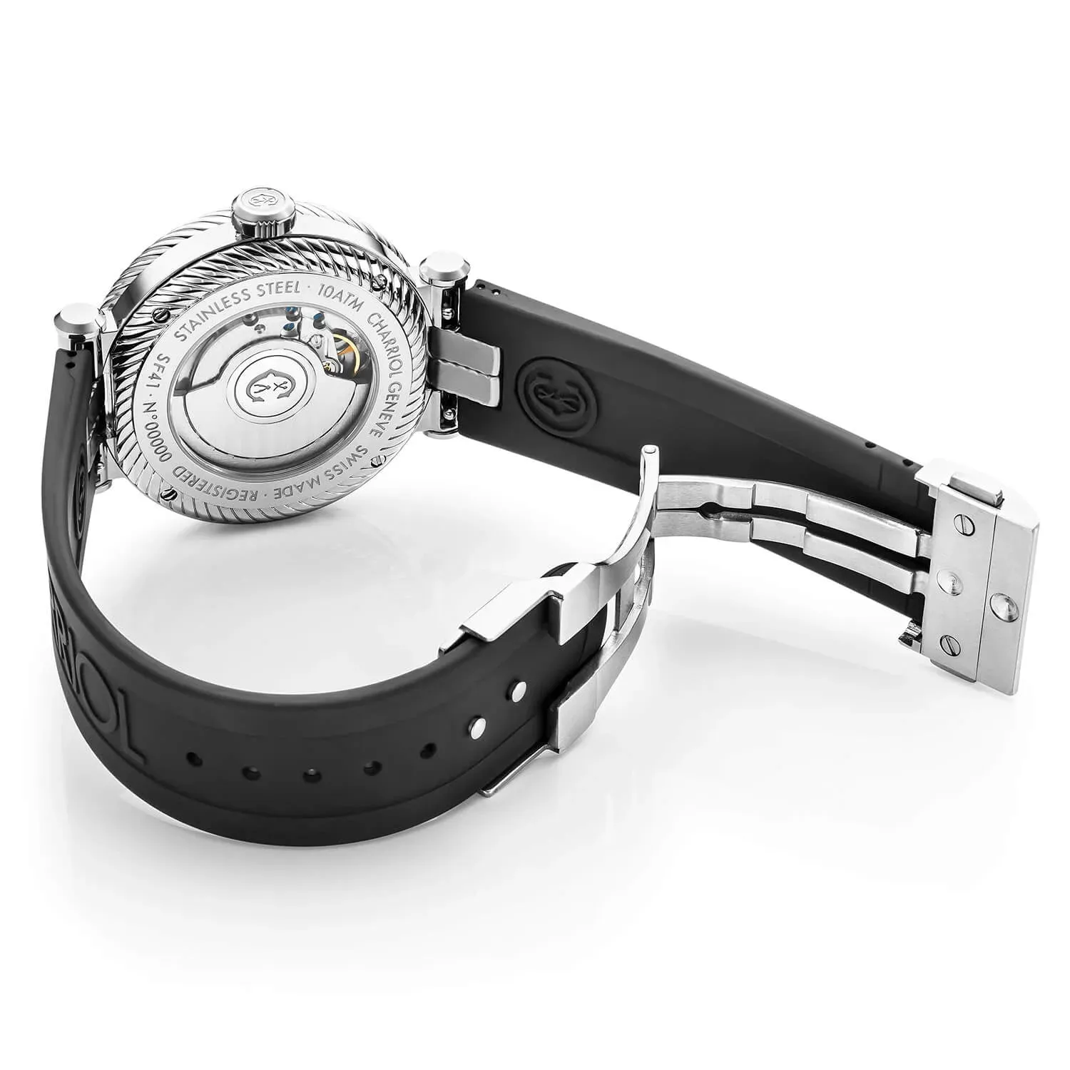NAVIGATOR SURF, 41MM, AUTOMATIC CALIBRE, BLACK AND SILVER LUMINOVA DIAL, BLACK AND SILVER UNIDIRECTIONAL BEZEL, BLACK RUBBER INTERCHANGEABLE BRACELET sold by Charriol product image thumbnail 2