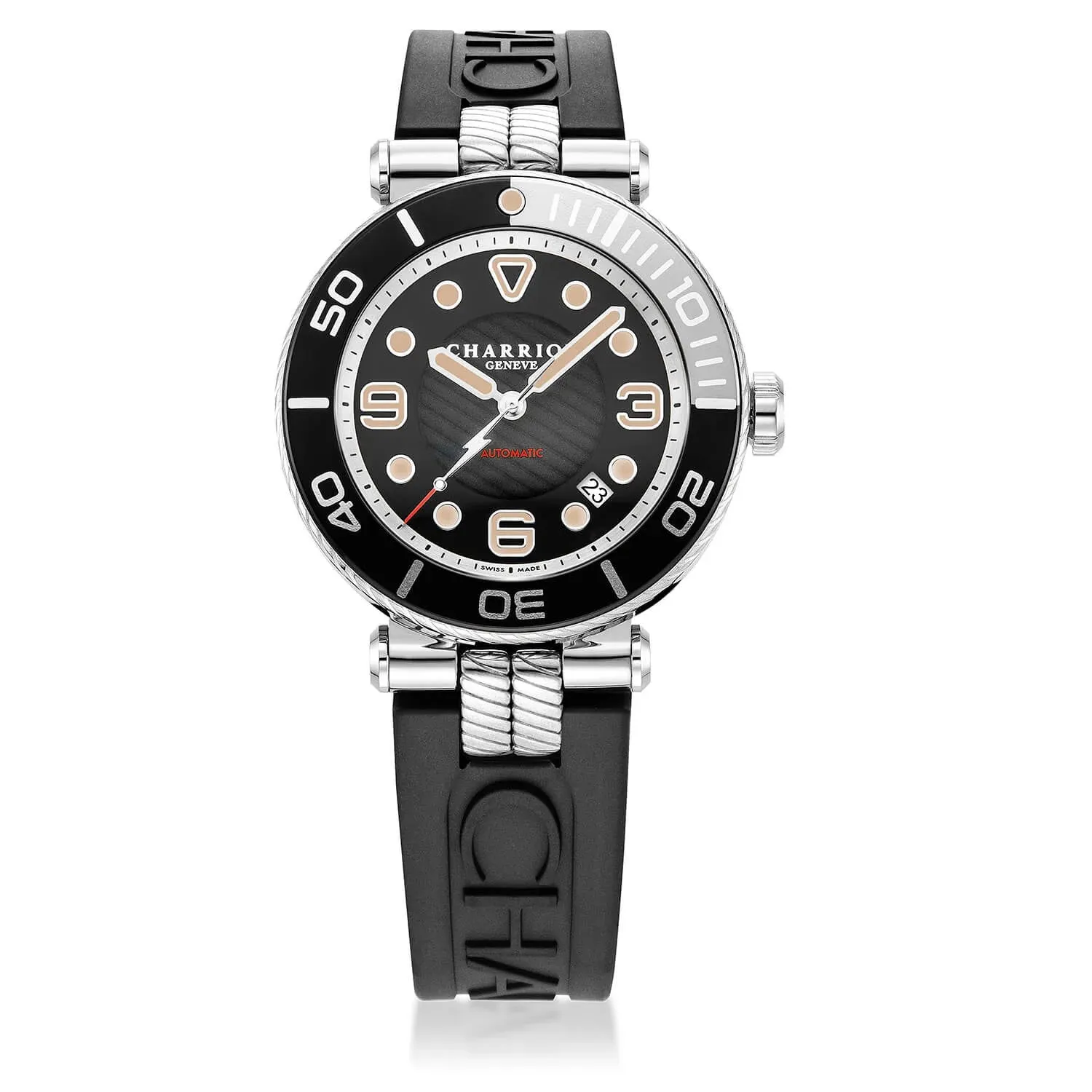 NAVIGATOR SURF, 41MM, AUTOMATIC CALIBRE, BLACK AND SILVER LUMINOVA DIAL, BLACK AND SILVER UNIDIRECTIONAL BEZEL, BLACK RUBBER INTERCHANGEABLE BRACELET sold by Charriol