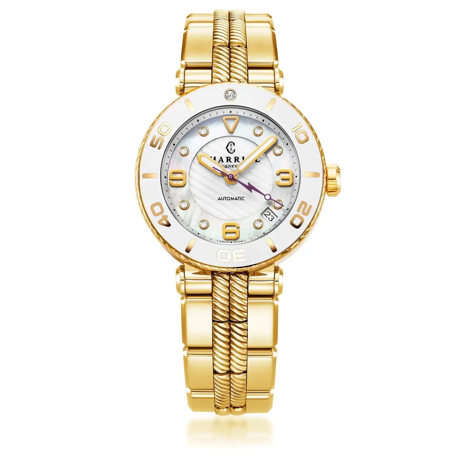 NAVIGATOR SURF, 36MM, AUTOMATIC CALIBRE, WHITE DIAL, WHITE BEZEL, YELLOW GOLD PVD INTERCHANGEABLE BRACELET sold by Charriol product image thumbnail 4