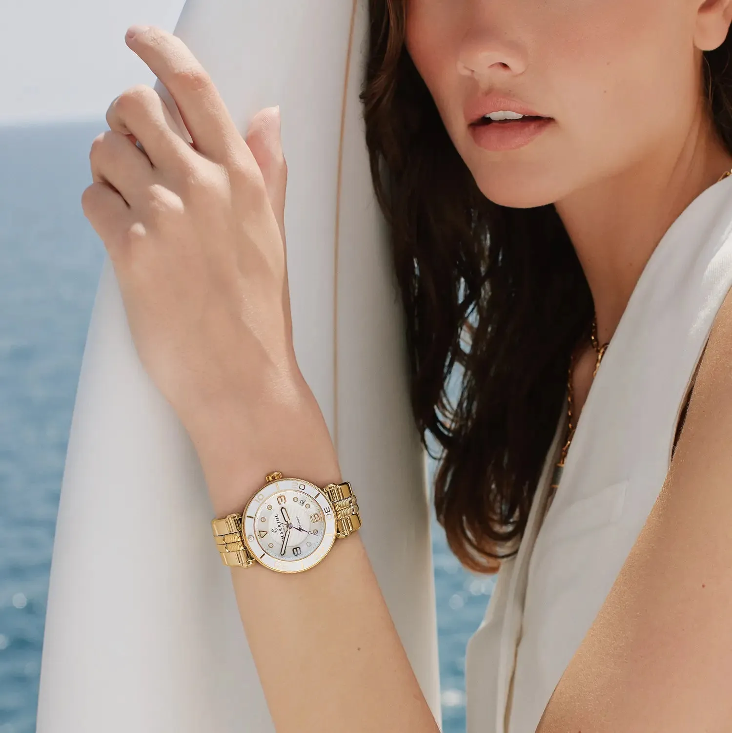 NAVIGATOR SURF, 36MM, AUTOMATIC CALIBRE, WHITE DIAL, WHITE BEZEL, YELLOW GOLD PVD INTERCHANGEABLE BRACELET sold by Charriol product image thumbnail 5