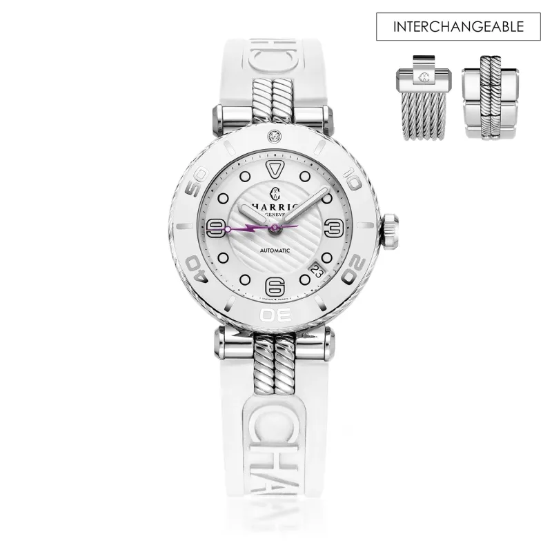 NAVIGATOR SURF, 36MM, AUTOMATIC CALIBRE, WHITE DIAL, WHITE BEZEL, WHITE RUBBER INTERCHANGEABLE BRACELET sold by Charriol