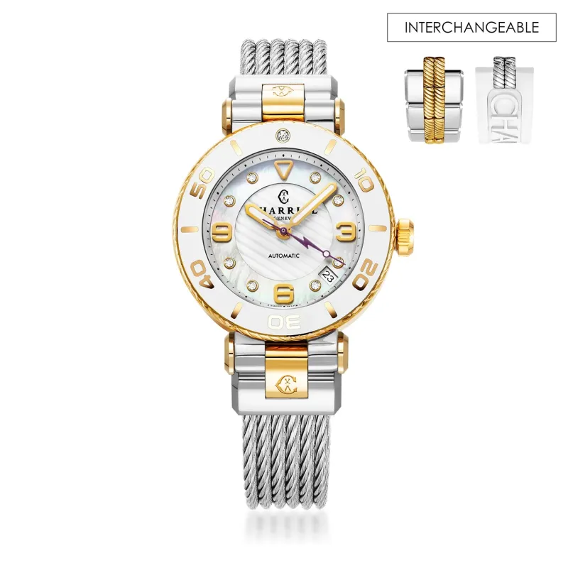 NAVIGATOR SURF, 36MM, AUTOMATIC CALIBRE, WHITE DIAL, WHITE BEZEL, STEEL CABLE INTERCHANGEABLE BRACELET sold by Charriol