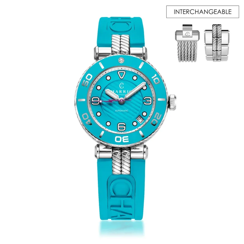 NAVIGATOR SURF, 36MM, AUTOMATIC CALIBRE, TURQUOISE DIAL, TURQUOISE BEZEL, TURQUOISE RUBBER INTERCHANGEABLE BRACELET sold by Charriol