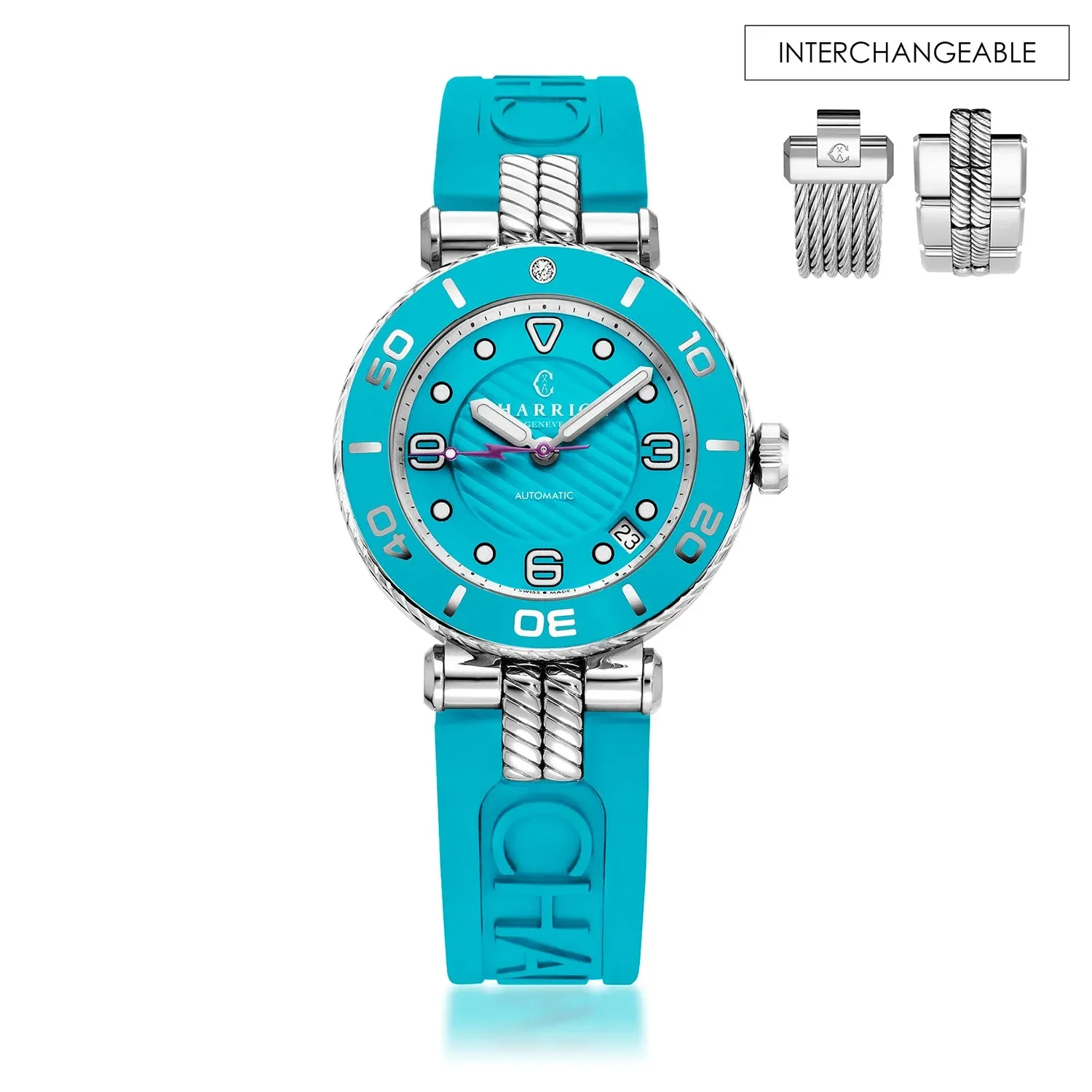 NAVIGATOR SURF, 36MM, AUTOMATIC CALIBRE, TURQUOISE DIAL, TURQUOISE BEZEL, TURQUOISE RUBBER INTERCHANGEABLE BRACELET sold by Charriol