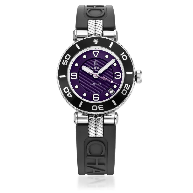 NAVIGATOR SURF, 36MM, AUTOMATIC CALIBRE, BLACK WITH 1 DIAMOND BEZEL, PURPLE DIAL, BLACK RUBBER INTERCHANGEABLE BRACELET sold by Charriol