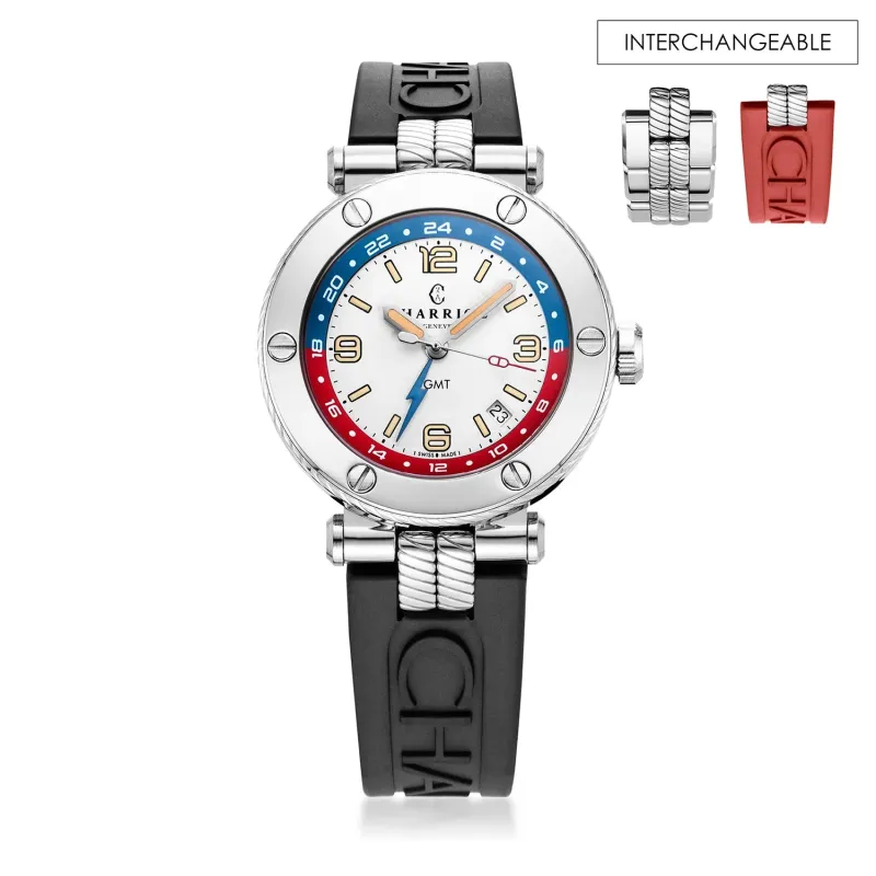 NAVIGATOR SURF GMT, 41MM, AUTOMATIC CALIBRE, WHITE WITH RED & BLUE DIAL, STEEL 6 SCREWS BEZEL, BLACK RUBBER INTERCHANGEABLE STRAP sold by Charriol