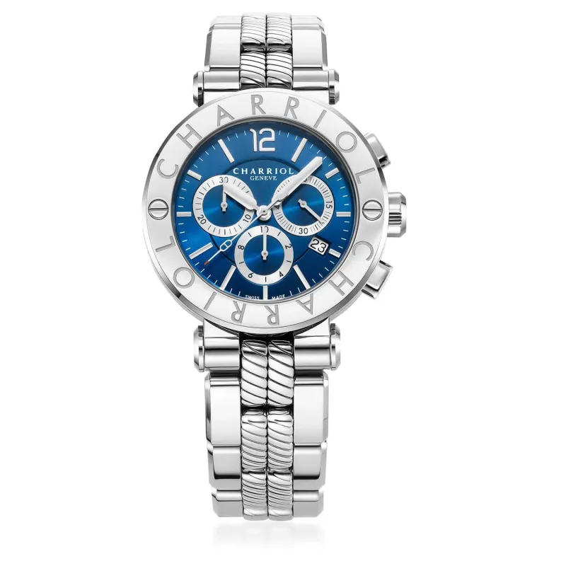NAVIGATOR CRUISE, 41MM, QUARTZ CHRONOGRPH CALIBRE, BLUE WITH 3 RHODIUM MIRRORS & INDEX DIAL, STEEL "CHARRIOL CHARRIOL" WITH 2 SCREWS BEZEL, STEEL METAL INTERCHANGEABLE BRACELET sold by Charriol
