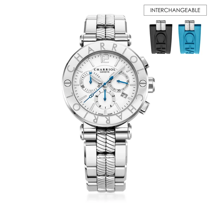 NAVIGATOR CRUISE, 41MM, QUARTZ CHRONOGRAPH CALIBRE, WHITE DIAL, "CHARRIOL CHARRIOL" BEZEL, STEEL INTERCHANGEABLE BRACELET made by Charriol