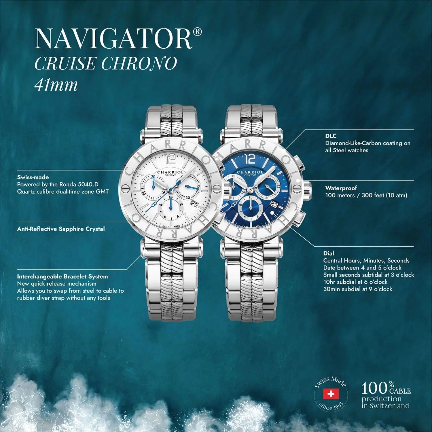 NAVIGATOR CRUISE, 41MM, QUARTZ CHRONOGRAPH CALIBRE, BLUE WITH BLACK MAT COUNTER RINGS DIAL, STEEL BLACK PVD "CHARRIOL CHARRIOL" WITH 2 SCREWS BEZEL, BLACK RUBBER INTERCHANGEABLE BRACELET WITH STEEL ATTACHED sold by Charriol product image thumbnail 4