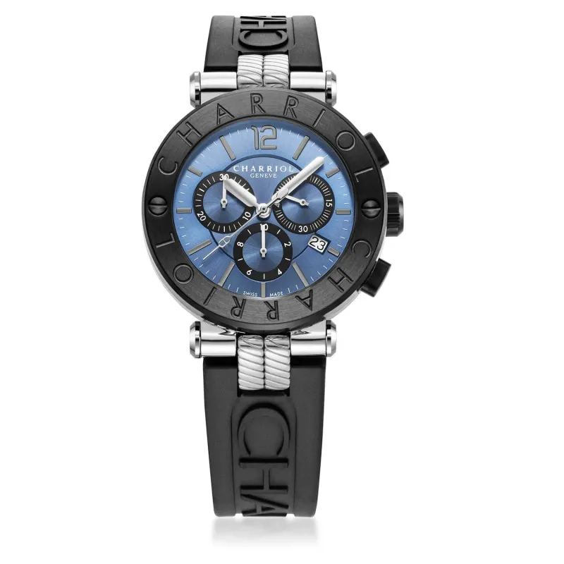 NAVIGATOR CRUISE, 41MM, QUARTZ CHRONOGRAPH CALIBRE, BLUE WITH BLACK MAT COUNTER RINGS DIAL, STEEL BLACK PVD "CHARRIOL CHARRIOL" WITH 2 SCREWS BEZEL, BLACK RUBBER INTERCHANGEABLE BRACELET WITH STEEL ATTACHED sold by Charriol