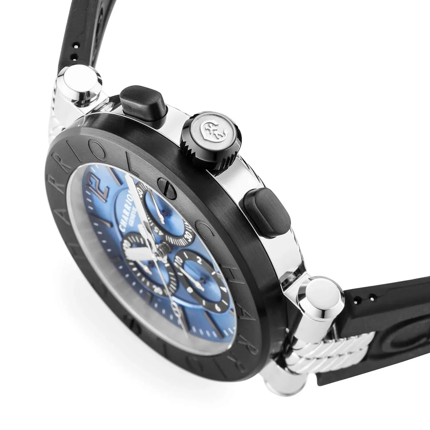 NAVIGATOR CRUISE, 41MM, QUARTZ CHRONOGRAPH CALIBRE, BLUE WITH BLACK MAT COUNTER RINGS DIAL, STEEL BLACK PVD "CHARRIOL CHARRIOL" WITH 2 SCREWS BEZEL, BLACK RUBBER INTERCHANGEABLE BRACELET WITH STEEL ATTACHED sold by Charriol product image thumbnail 2