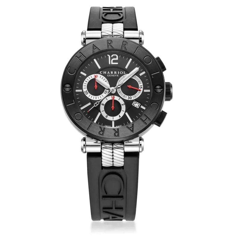 NAVIGATOR CRUISE, 41MM, QUARTZ CHRONOGRAPH CALIBRE, BLACK WITH RED CROSSES DIAL, STEEL BLACK PVD "CHARRIOL CHARRIOL" BEZEL, BLACK RUBBER INTERCHANGEABLE STRAP BRACELET sold by Charriol