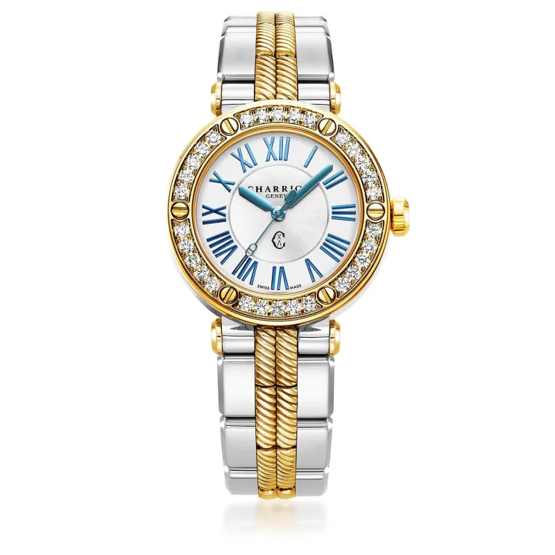 NAVIGATOR CRUISE, 36MM, QUARTZ CALIBRE, WHITE MOTHER-OF-PEARL WITH 12 ROMAN FIGURES DIAL, STEEL YELLOW GOLD PVD WITH 30 DIAMONDS & 6 SCREWS BEZEL, METAL BICOLOR INTERCHANGEABLE BRACELET sold by Charriol