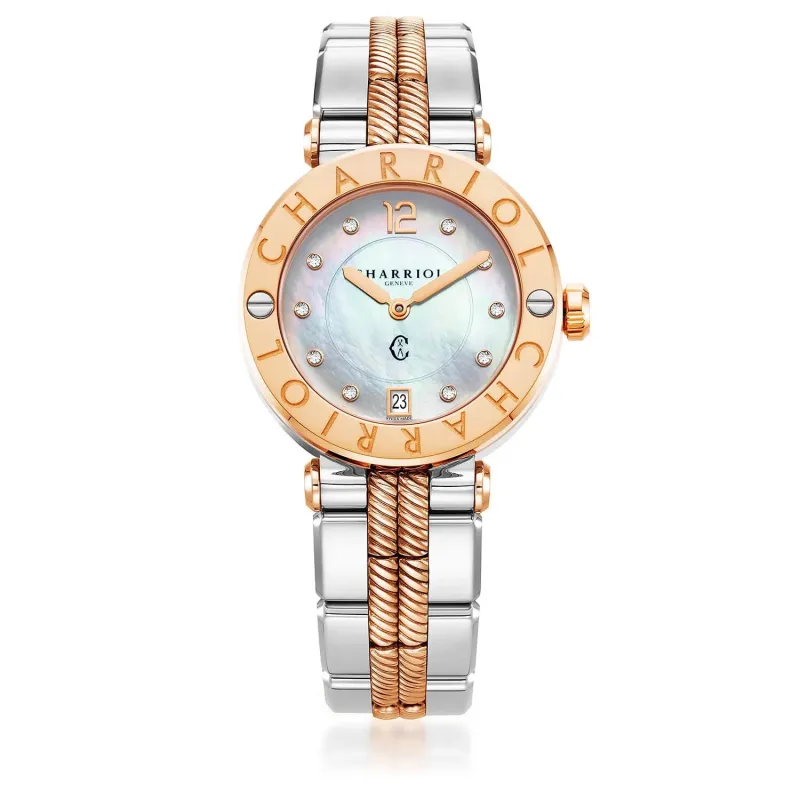 NAVIGATOR CRUISE, 36MM, QUARTZ CALIBRE, WHITE MOTHER-OF-PEARL WITH 10 DIAMONDS DIAL, STEEL ROSE GOLD PVD "CHARRIOL CHARRIOL" WITH 2 SCREWS BEZEL, METAL BICOLOR INTERCHANGEABLE BRACELET made by Charriol