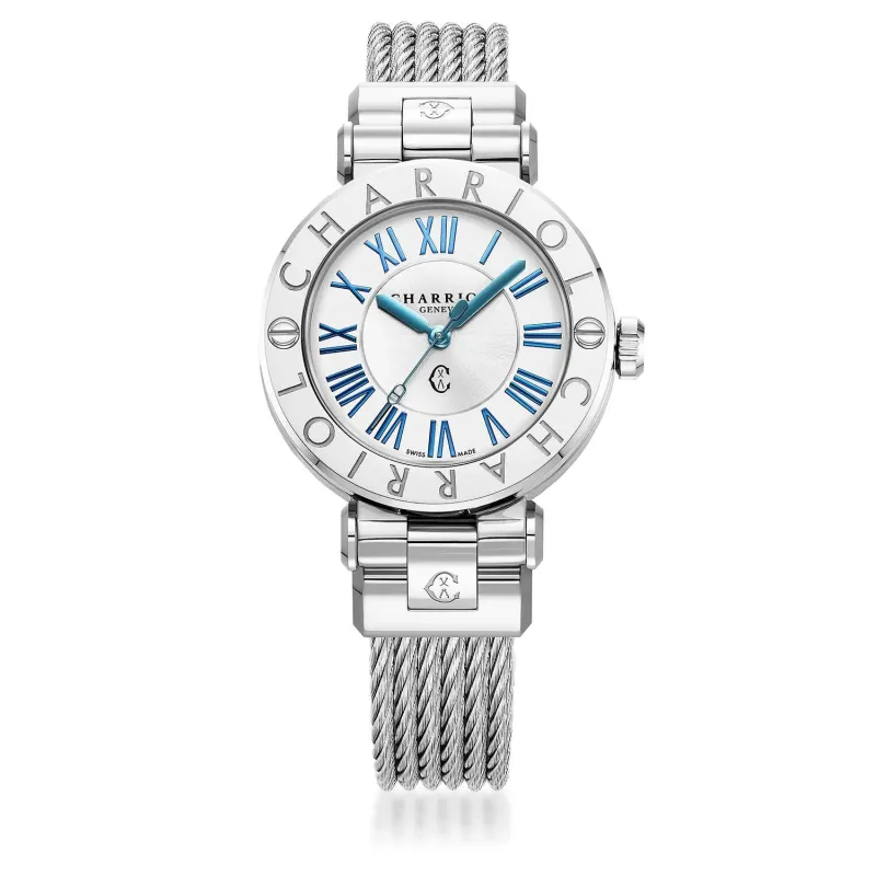 NAVIGATOR CRUISE, 36MM, QUARTZ CALIBRE, WHITE CIRCULAR AND SUN CENTER WITH 12 ROMAN FIGURES DIAL, STEEL "CHARRIOL CHARRIOL" WITH 2 SCREWS BEZEL, STEEL INTERCHANGEABLE CABLE BRACELET made by Charriol