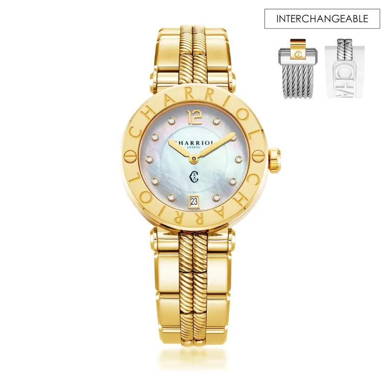 NAVIGATOR CRUISE, 36MM, QUARTZ CALIBRE, MOTHER-OF-PEARL WITH 10 DIAMONDS DIAL, STEEL YELLOW GOLD PVD "CHARRIOL CHARRIOL" BEZEL, STEEL YELLOW GOLD PVD METAL INTERCHANGEABLE BRACELET made by Charriol