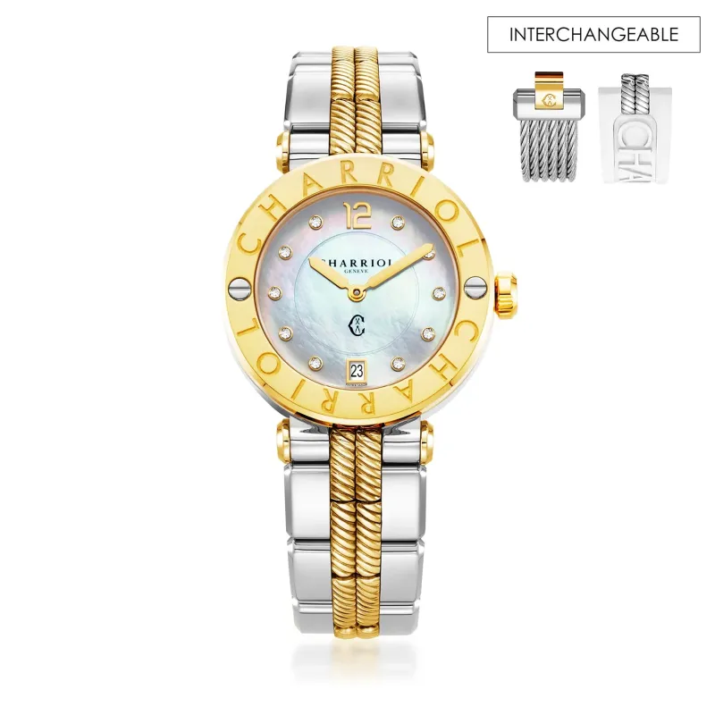 NAVIGATOR CRUISE, 36MM, QUARTZ CALIBRE, MOTHER-OF-PEARL WITH 10 DIAMONDS DIAL, STEEL YELLOW GOLD PVD "CHARRIOL CHARRIOL" BEZEL, BICOLOR METAL INTERCHANGEABLE BRACELET made by Charriol