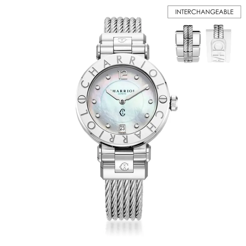 NAVIGATOR CRUISE, 36MM, QUARTZ CALIBRE, MOTHER-OF-PEARL WITH 10 DIAMONDS DIAL, STEEL "CHARRIOL CHARRIOL" BEZEL, STEEL CABLE INTERCHEANGEABLE BRACELET made by Charriol