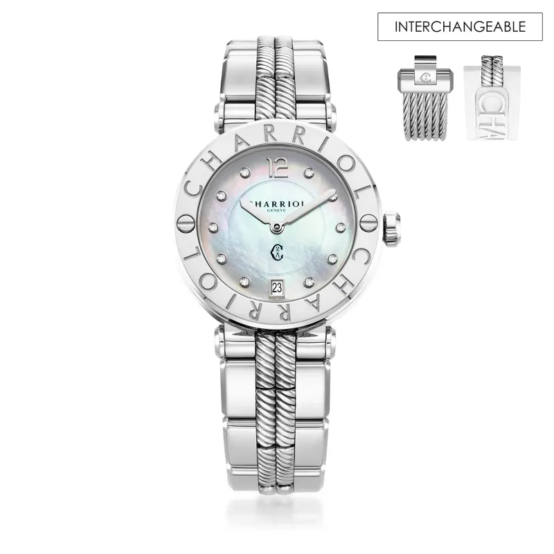 NAVIGATOR CRUISE, 36MM, QUARTZ CALIBRE, MOTHER-OF-PEARL WITH 10 DIAMONDS DIAL, "CHARRIOL CHARRIOL" BEZEL, STEEL INTERNCHANGEABLE BRACELET sold by Charriol