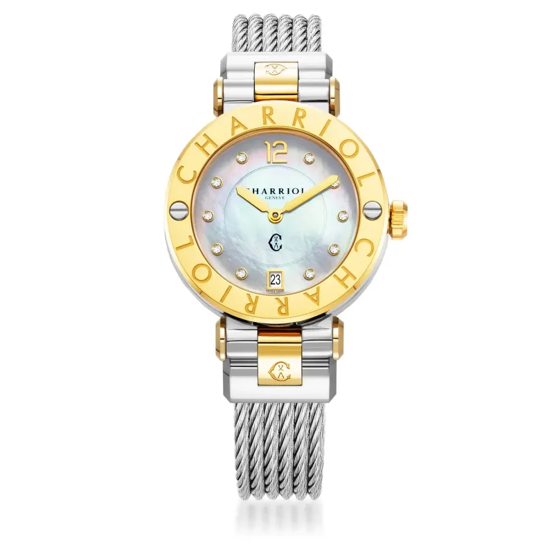 NAVIGATOR CRUISE, 36MM, QUARTZ CALIBRE, MOTHER-OF-PEARL WITH 10 DIAMONDS DIAL, "CHARRIOL CHARRIOL" BEZEL, STEEL CABLE INTERCHANGEABLE BRACELET made by Charriol