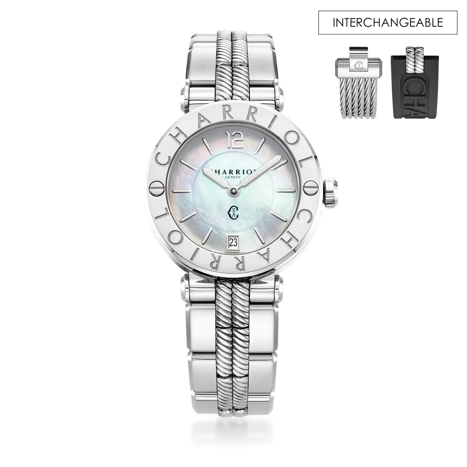 NAVIGATOR CRUISE, 36MM, QUARTZ CALIBRE, MOTHER-OF-PEARL DIAL, STEEL "CHARRIOL CHARRIOL" BEZEL, METAL INTERCHANGEABLE BRACELET sold by Charriol