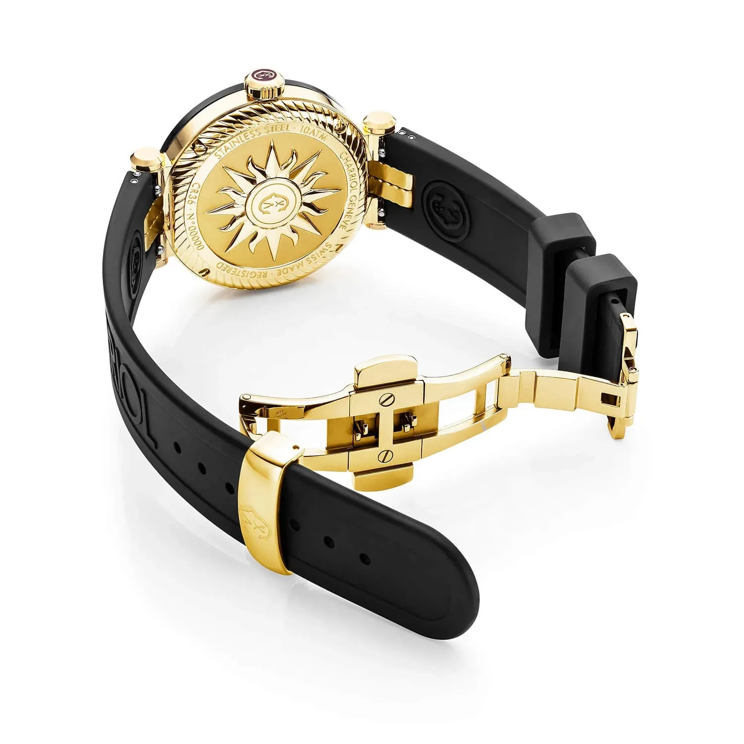 NAVIGATOR CRUISE, 36MM, QUARTZ CALIBRE, BLACK WITH YELLOW ARABIC AND 10 INDEX DIAL, STEEL BLACK PVD WITH 2 YELLOW GOLD PVD SCREWS, BLACK RUBBER INTERCHANGEABLE BRACELET WITH YELLOW GOLD PVD ATTACHED sold by Charriol product image thumbnail 2